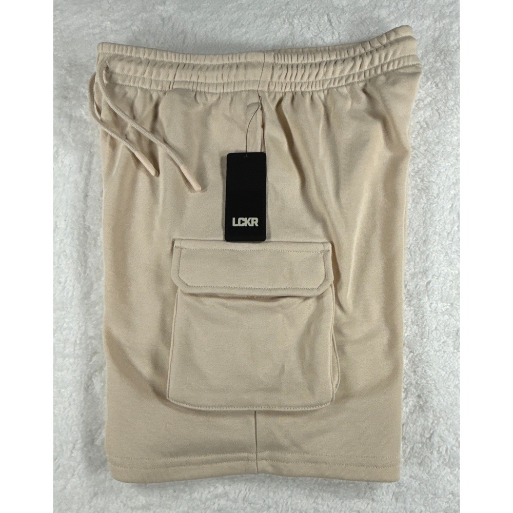 LCKR Boys Medium 10-12 Fleece Cargo Shorts Tan Elastic Waist Drawstring NWT